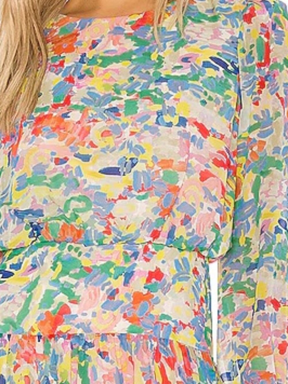Saloni Isabel Summer Confetti Printed Tiered Long Silk Dress, US 4 - Picture 4 of 6